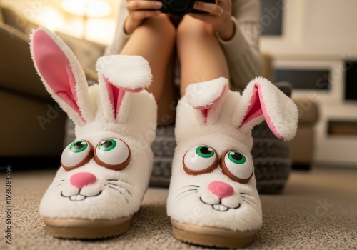 Woman wearing white fluffy bunny slippers with big googly eyes while sitting at home. Comfy footwear for relaxing and leisure. Funny house shoes for Easter celebration and holiday mood.