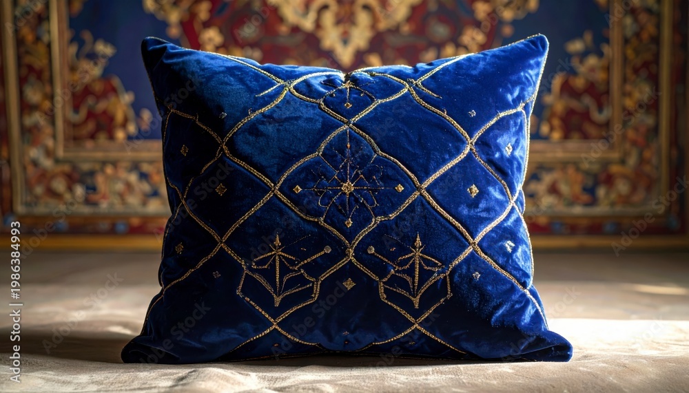 Fototapeta premium Exquisite Sapphire Blue Velvet Cushion With Intricate Golden Thread Embroidery