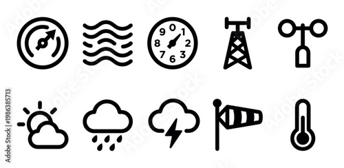 Ten black outline weather forecast icons are neatly arranged, depicting various meteorological conditions and instruments with a clean, modern, and easily recognizable graphic style