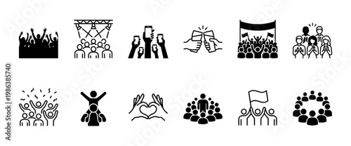 These black and white vector icons illustrate various social gatherings, including cheering crowds, protests, celebrations, and community interactions, presented in a clean, modern style