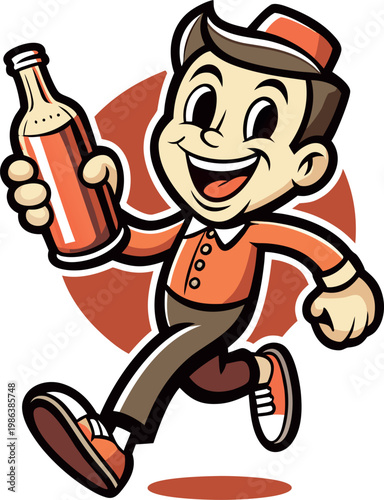 Retro vintage style runner man holding soda bottle running fast with big smile wearing cap and orange uniform character.