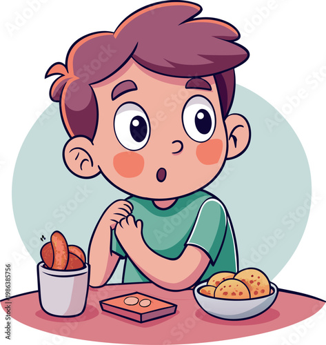 Surprised boy sitting at table with snacks including cookies and fried food looking sideways with wide eyes expression.