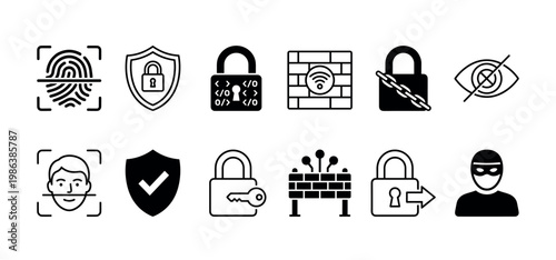 Comprehensive collection of digital security and privacy icons is presented in a clean, modern black and white style, illustrating various concepts of data protection and access control