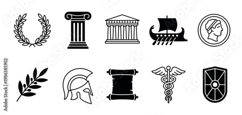 Collection of ten ancient Greek and Roman icons, featuring historical and mythological symbols like a laurel wreath, column, temple, ship, helmet, and caduceus, in a minimalist black and white style