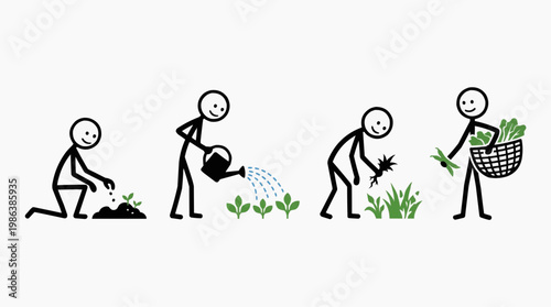 Four stick figures engage in the process of gardening, from planting a seed to harvesting vegetables. This sequence captures the essence of nurturing life from beginning to end