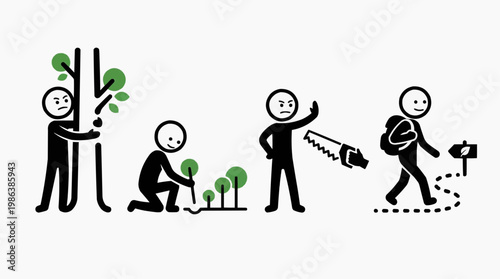 Protecting Environment stick figure series : Planting Trees, Stop Deforestation and Forest Protection. Featuring figures planting, stopping, and trekking toward a positive outcome