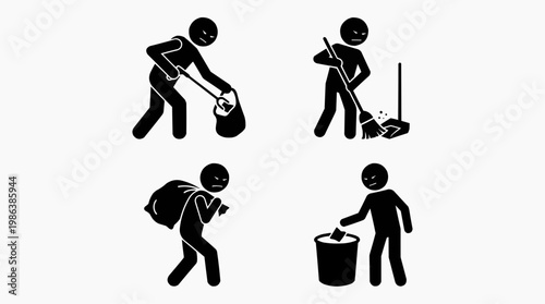 Illustration of people engaged in various acts of cleaning and waste disposal, each figure actively participating in the process.