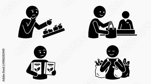 Four illustrations depicting the process of purchasing at store, from selecting the fruit to purchasing the items