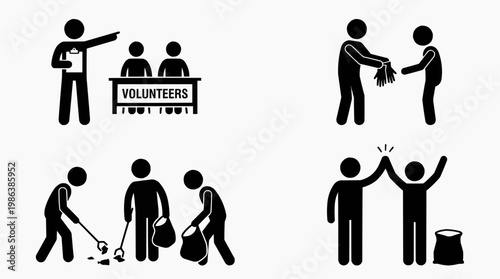 A set of four illustrations depicting volunteer activities, including a person giving instruction and helping together, collecting trash with their hands