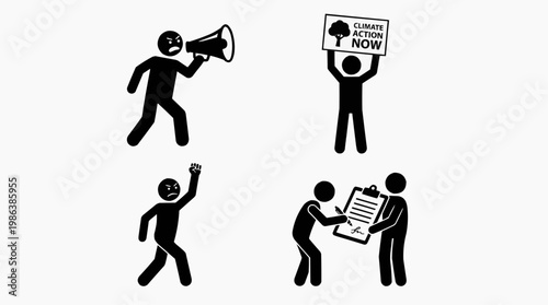 A set of simple illustration of people advocating for climate action, using megaphone, sign protest, raise fist, signing petition