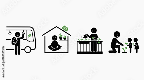 Eco-friendly lifestyle illustrations showing different ways to live green and conserve resources. Various illustrations of sustainable living. 