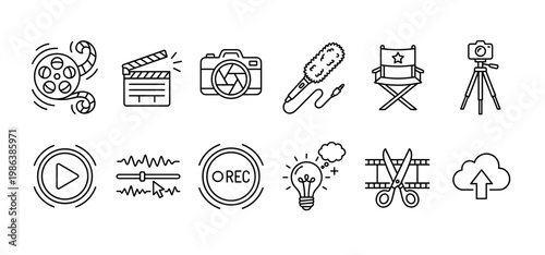 Collection of film and video production icons, rendered in a clean, modern line art style, representing various aspects of media creation and editing