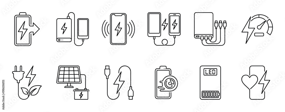 Fototapeta premium Outline vector icons illustrating various aspects of electricity, charging, and power management for modern electronic devices, presented in a clean and minimalist line art style