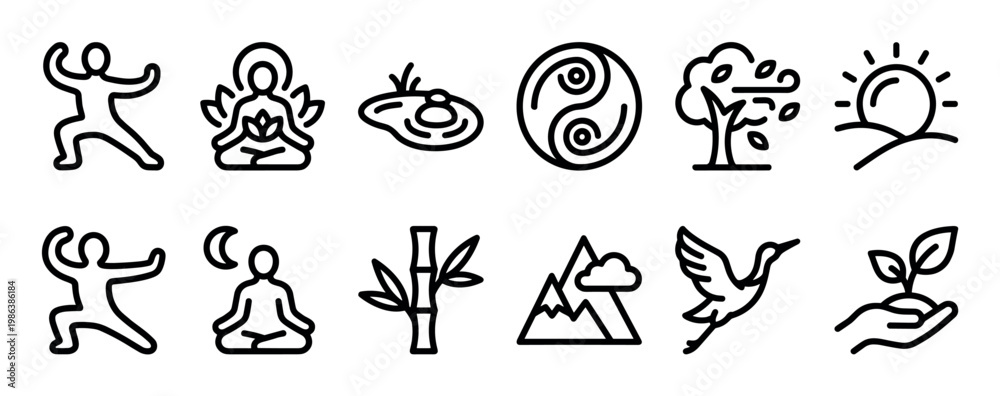Fototapeta premium Collection of black outline spiritual nature and wellness icons depicting yoga, meditation, natural elements, and symbolic concepts in a clean, minimalist style