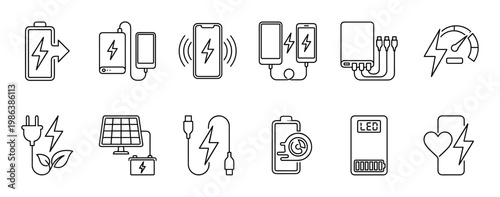 Outline vector icons illustrating various aspects of electricity, charging, and power management for modern electronic devices, presented in a clean and minimalist line art style