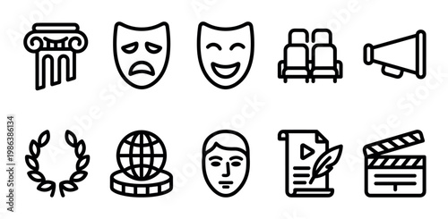 Ten black outline icons representing various arts, entertainment, and cultural concepts in a clean, modern, and easily recognizable style