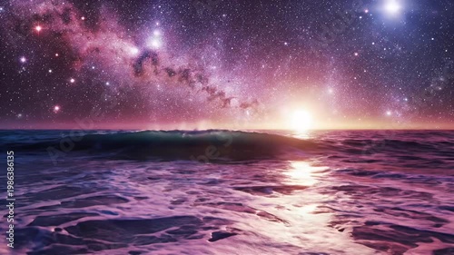 A Surreal Cosmic Sunrise Over a Turbulent Ocean Beneath a Nebula-Illuminated Sky