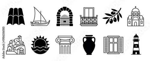 Diverse collection of black and white line art icons depicting various architectural, natural, and cultural elements associated with coastal and historical regions, presented in a clean, graphic style