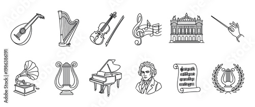 Collection of classical music themed outline icons featuring various instruments, a conductor's hand, musical notes, a grand opera house, and a composer's bust, presented in a clean