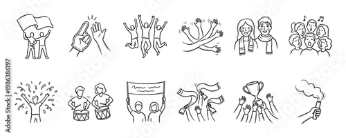 Black and white hand-drawn sports fan celebration icons illustrate enthusiastic support and joyful moments, capturing the energy of a crowd in a doodle style