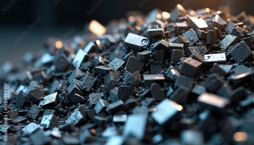 Fototapeta premium Pile of shiny dark metal scrap parts and fragments. Jagged pieces of waste material from industry. Close up of recycled steel cubes and shavings.
