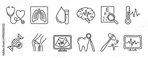 Comprehensive set of black outline medical icons illustrating various diagnostic tools, human organs, and scientific concepts with a clean, modern, and minimalist line art style