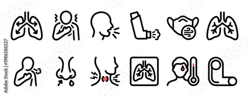 Collection of black outline icons depicting respiratory health, illness symptoms, and related medical items, presented in a clean, modern, and easily recognizable graphic style