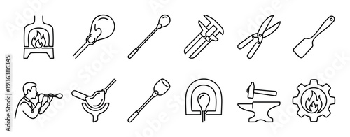Collection of glassblowing and blacksmithing icons in a minimalist line art style illustrates the tools and process of traditional artisan crafts like forging and glass making