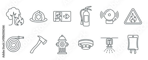 These twelve essential fire safety and emergency response line icons are neatly arranged in a grid, featuring tools and symbols for protection and prevention