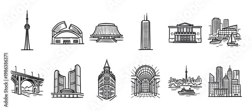 Collection of iconic architectural landmarks and cityscapes is depicted in a clean, hand-drawn line art style, showcasing various urban structures and waterfront views