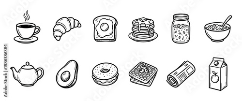 Collection of hand-drawn breakfast food and drink icons, featuring various morning meal elements in a charming doodle line art style