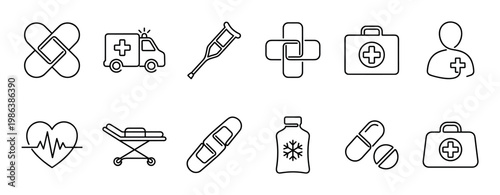Diverse set of black outline medical icons, featuring band-aids, ambulance, crutch, first aid kit, heart with ECG, stretcher, and medicine, depicted in a clean, minimalist style