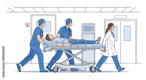 Medical team rushing a patient on a stretcher through a hospital corridor.