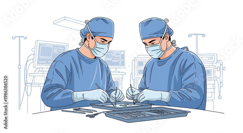 Surgeons in surgical gowns preparing instruments in an operating room.