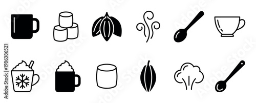 Various black and white hot chocolate and warm beverage icons are neatly arranged, featuring mugs, marshmallows, cacao pods, steam, and spoons in a simple, clean graphic style