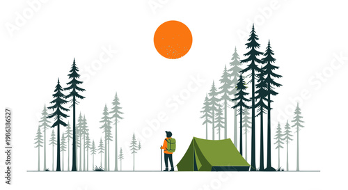 Hiker with backpack and tent in forest under sun.