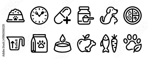 Comprehensive collection of black outline pet care icons illustrating various aspects of animal health, nutrition, and daily well-being with a clean, modern design