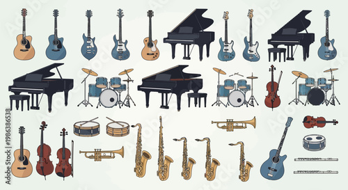 Slika na platnu An illustration shows various musical instruments arranged in rows on a surface
