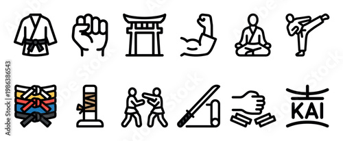 Comprehensive set of martial arts and Japanese culture outline icons, depicting uniforms, training, meditation, sparring, weapons, and traditional symbols with a modern, minimalist vector style