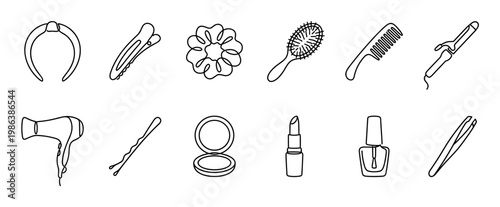 Diverse collection of beauty and hair care essentials, featuring various accessories, styling tools, and makeup products, all depicted in a clean, minimalist continuous line art style