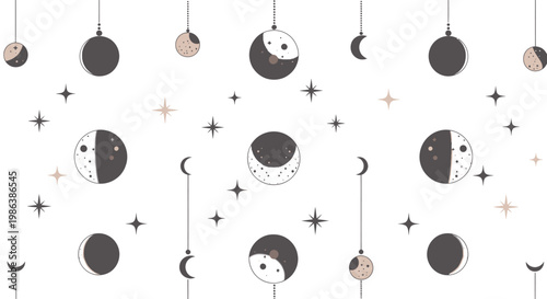 Whimsical celestial moon phases and stars seamless pattern design.