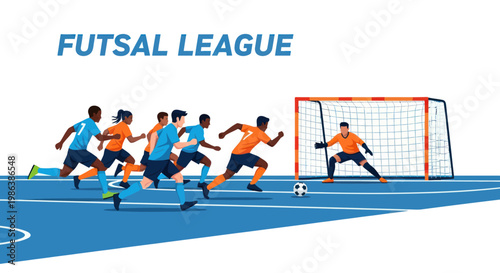 Futsal league game with players and goalkeeper on court