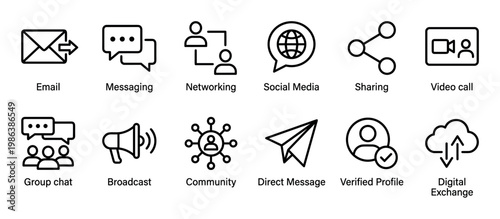 Comprehensive collection of twelve black outline communication icons representing various digital interactions, social media, and networking concepts in a modern, minimalist style