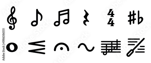 Various black musical notation symbols and elements are neatly arranged in two rows, showcasing essential components of music theory and composition with clear, crisp lines