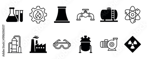 Comprehensive collection of industrial and scientific process icons, rendered in a clean black and white minimalist style, depicting various equipment, safety gear, and symbols
