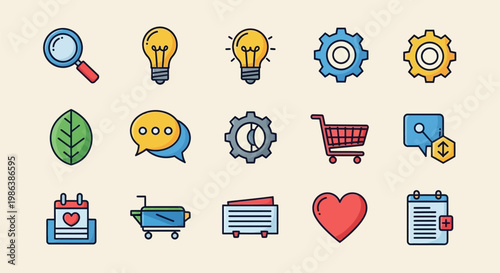 Various icons representing business and technology are displayed on a screen.