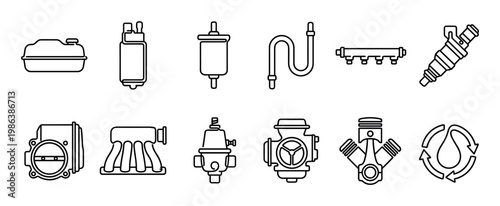 Collection of car engine and fuel system components are depicted as simple black outline icons, illustrating essential automotive parts in a clean, technical style