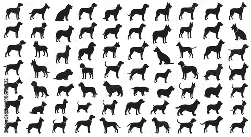 Large collection of black dog silhouettes in different breeds and poses