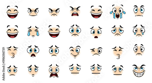 Cartoon Facial Expressions and Emoji Character Icons Set