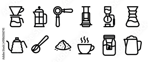 Various black outline coffee making icons are neatly arranged, showcasing essential brewing equipment, tools, and beverages in a clean, minimalist line art style
